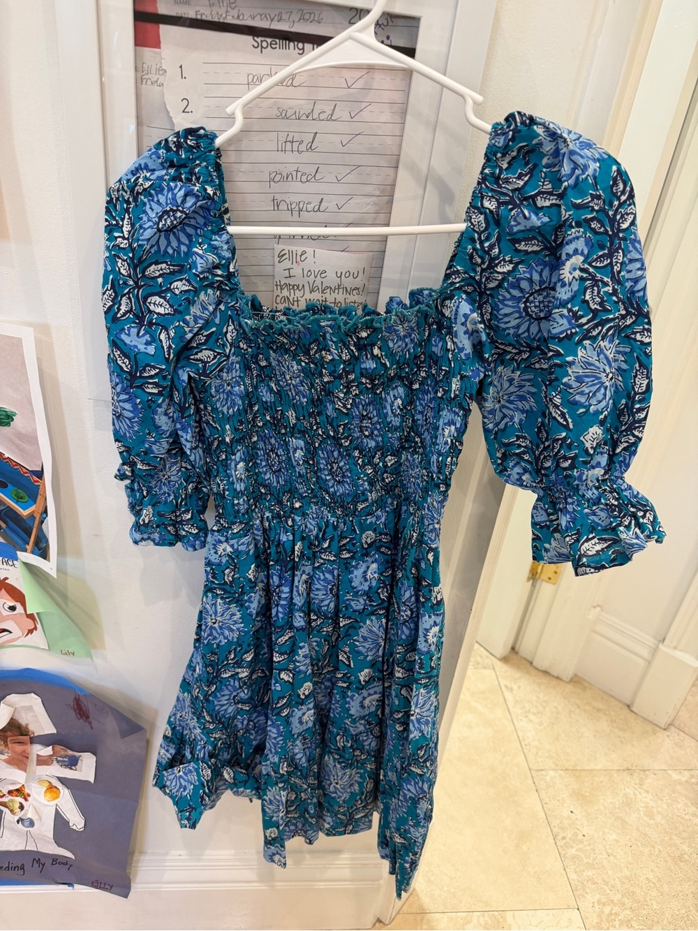 Smocked Square-Neck Mini Dress in Blue Floral - Picture 3 of 4